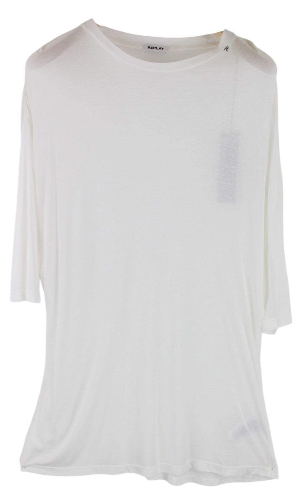 REPLAY Women T-Shirt S Off-White 3/4 Sleeve See-Through Pull On Round Neck