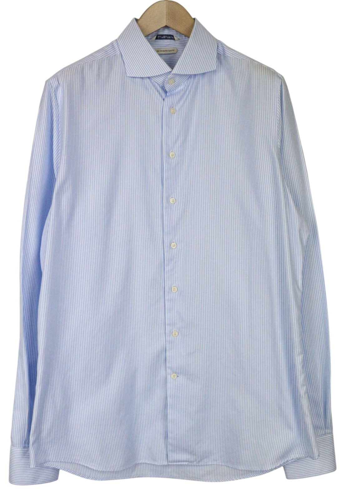 SUITSUPPLY vyriški formalūs marškinėliai 43L/17L itin ploni mėlyni medvilniniai dryžuoti raštai 