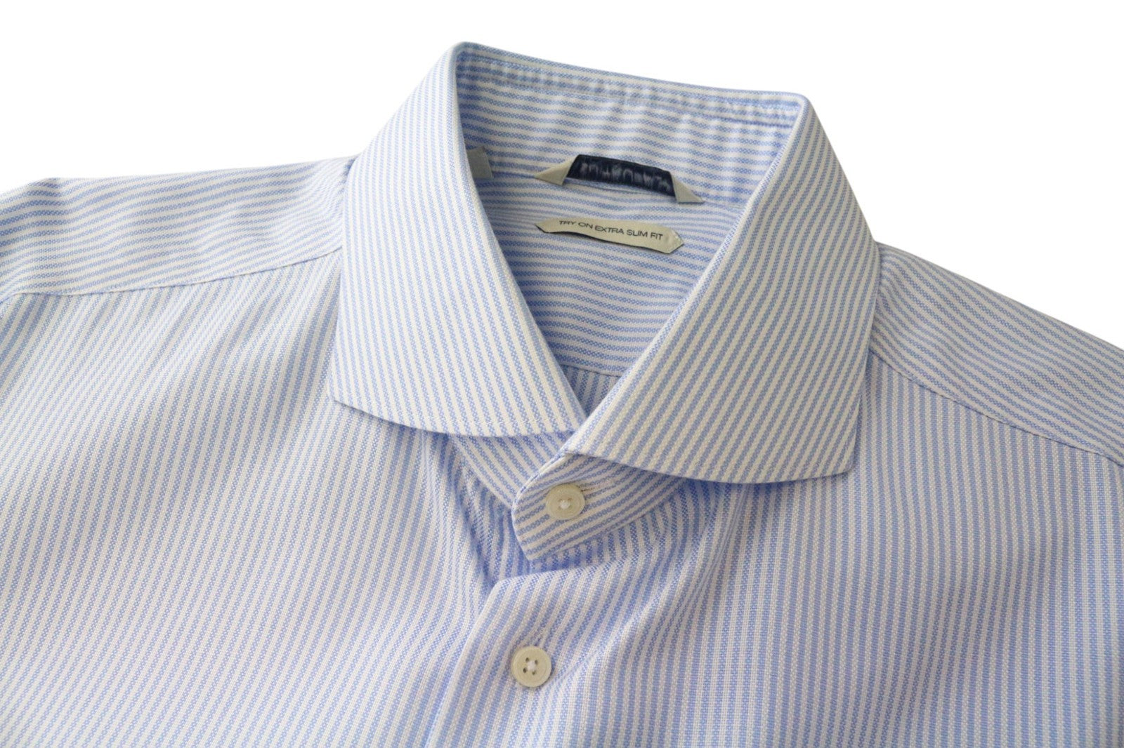 SUITSUPPLY vyriški formalūs marškinėliai 43L/17L itin ploni mėlyni medvilniniai dryžuoti raštai 