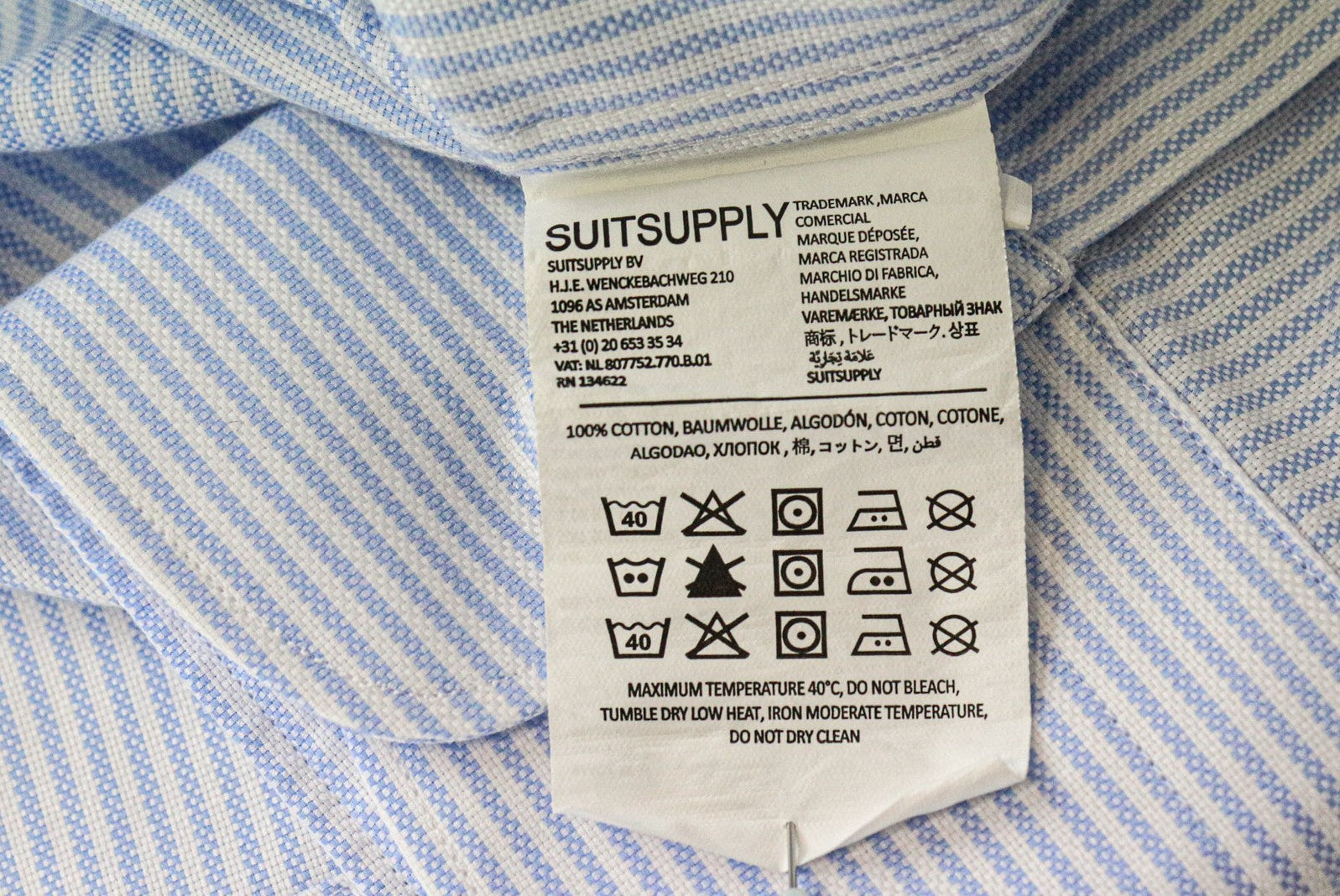 SUITSUPPLY vyriški formalūs marškinėliai 43L/17L itin ploni mėlyni medvilniniai dryžuoti raštai 
