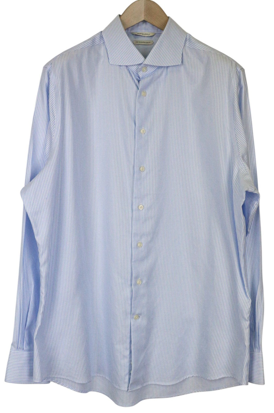 SUITSUPPLY vyriški formalūs marškiniai 45/17 3/4 ypač ploni mėlyni medvilniniai dryžuoti rankoviai 