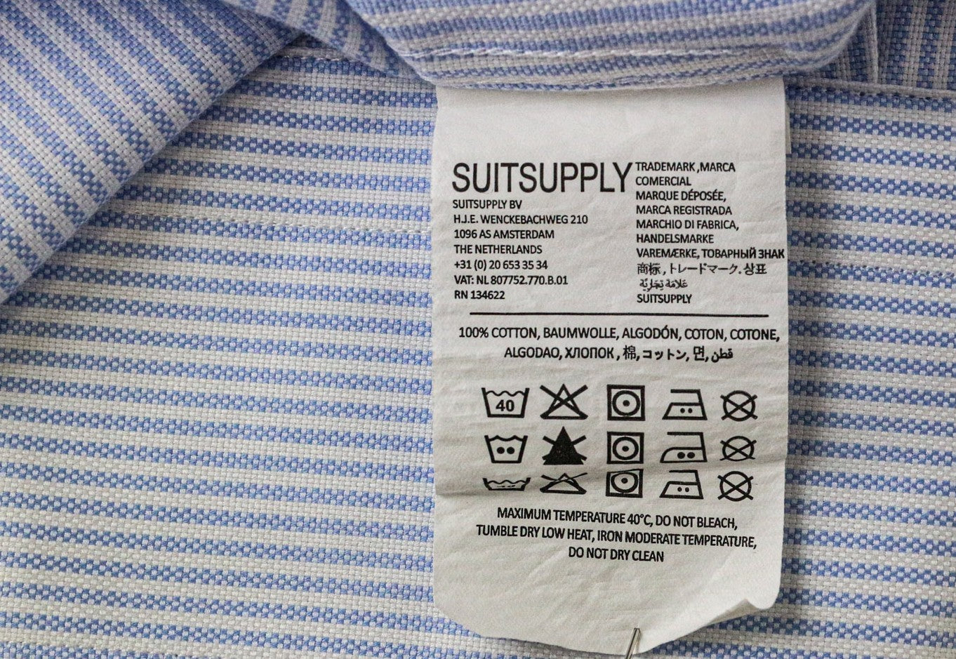SUITSUPPLY vyriški formalūs marškiniai 45/17 3/4 ypač ploni mėlyni medvilniniai dryžuoti rankoviai 