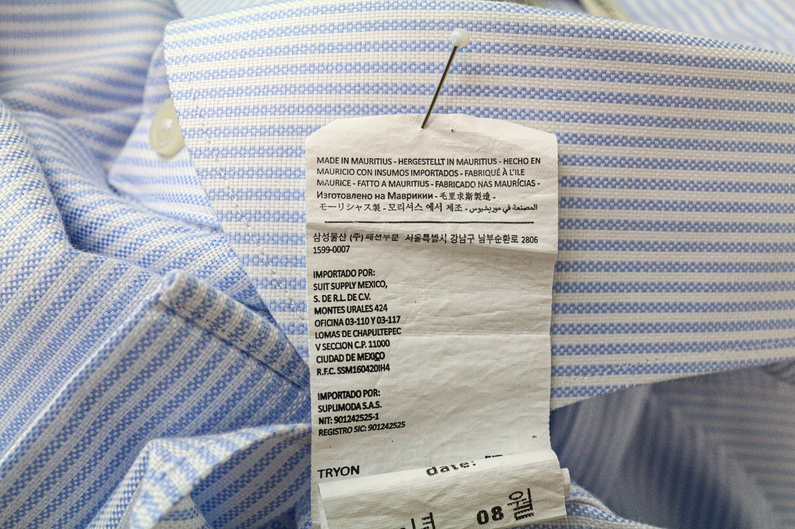 SUITSUPPLY vyriški formalūs marškiniai 45/17 3/4 ypač ploni mėlyni medvilniniai dryžuoti rankoviai 