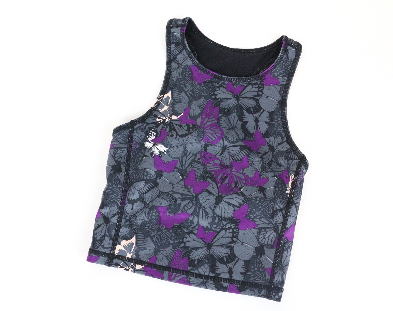 SWEATY BETTY Women Sport Bra 2XS Grey Purple Butterfly Pattern Stretch