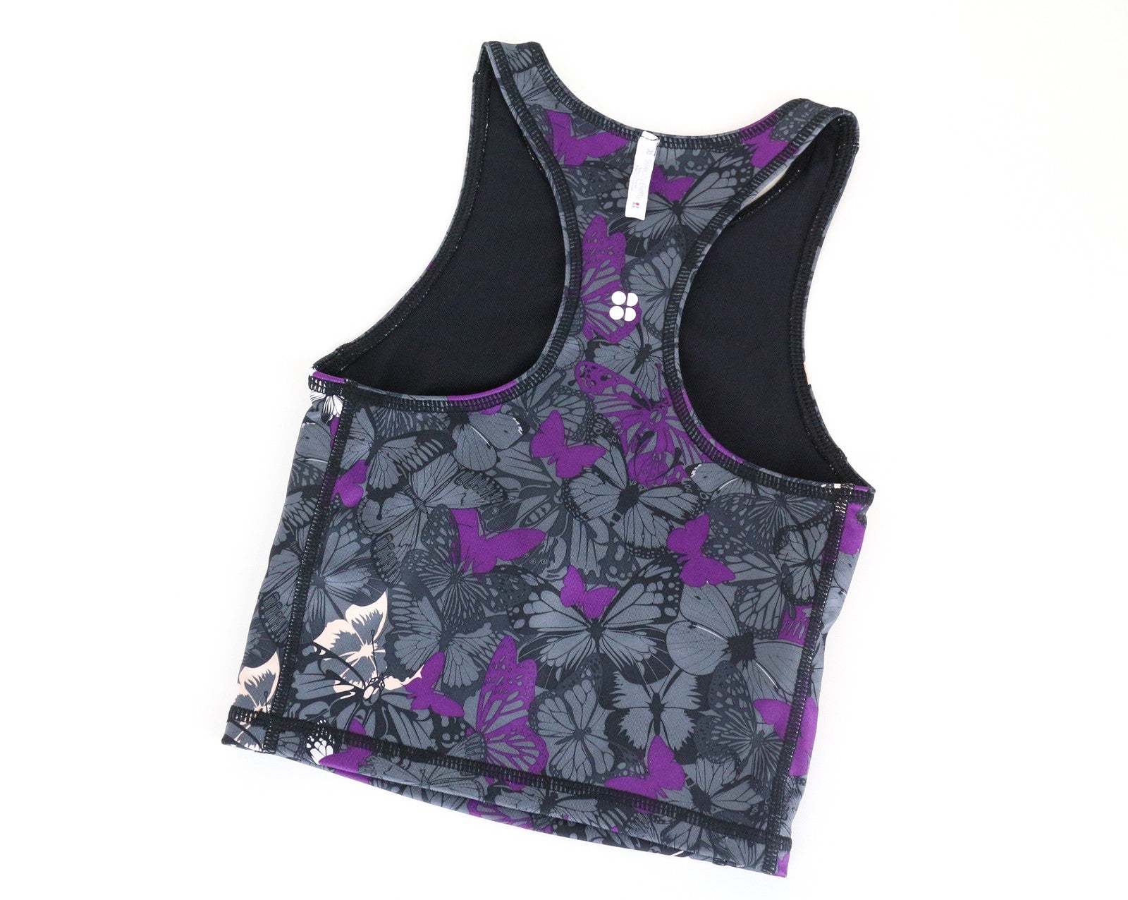 SWEATY BETTY Women Sport Bra 2XS Grey Purple Butterfly Pattern Stretch