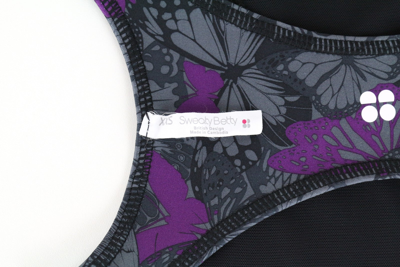 SWEATY BETTY Women Sport Bra 2XS Grey Purple Butterfly Pattern Stretch