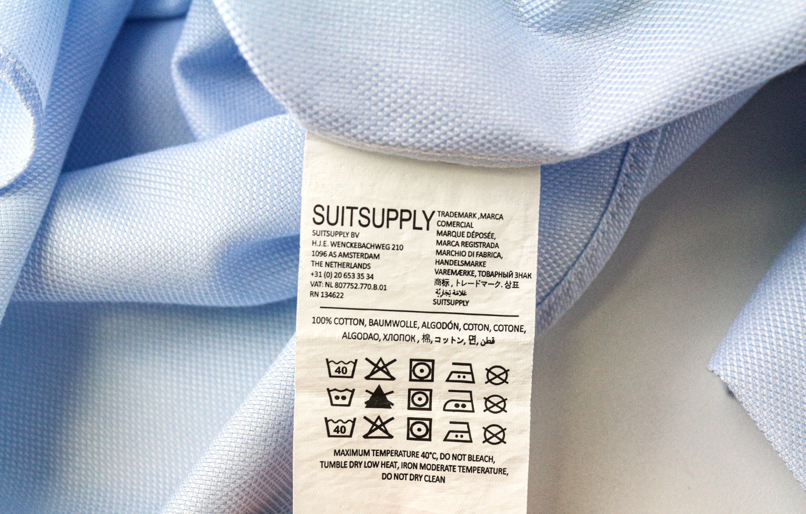 SUITSUPPLY Men's Formal Shirt 40L/15 3/4L Slim Blue Cotton Cutaway Twill