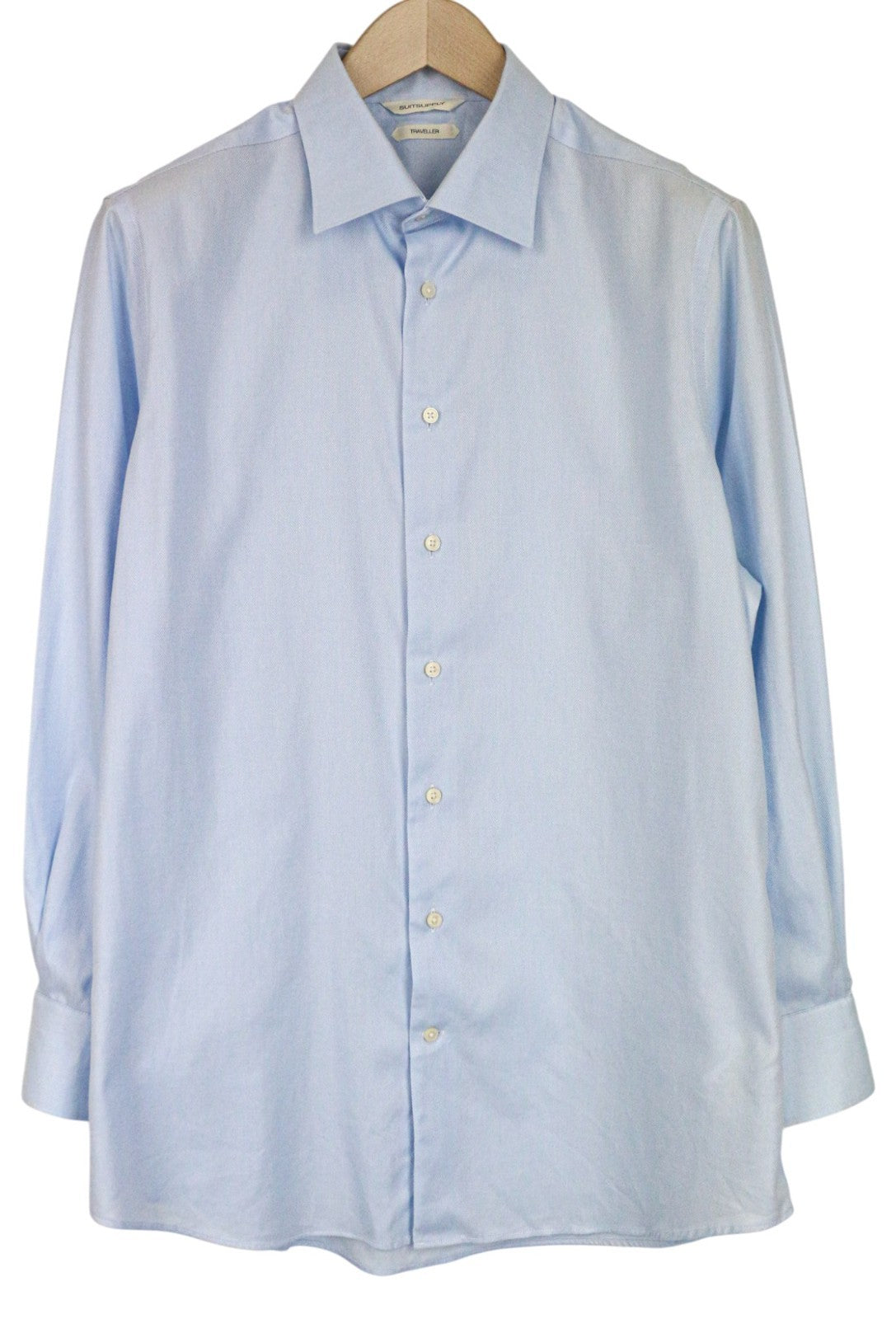 SUITSUPPLY Traveler vyriški oficialūs marškinėliai 42/16.5 ploni mėlyni melanžai grynos medvilnės 