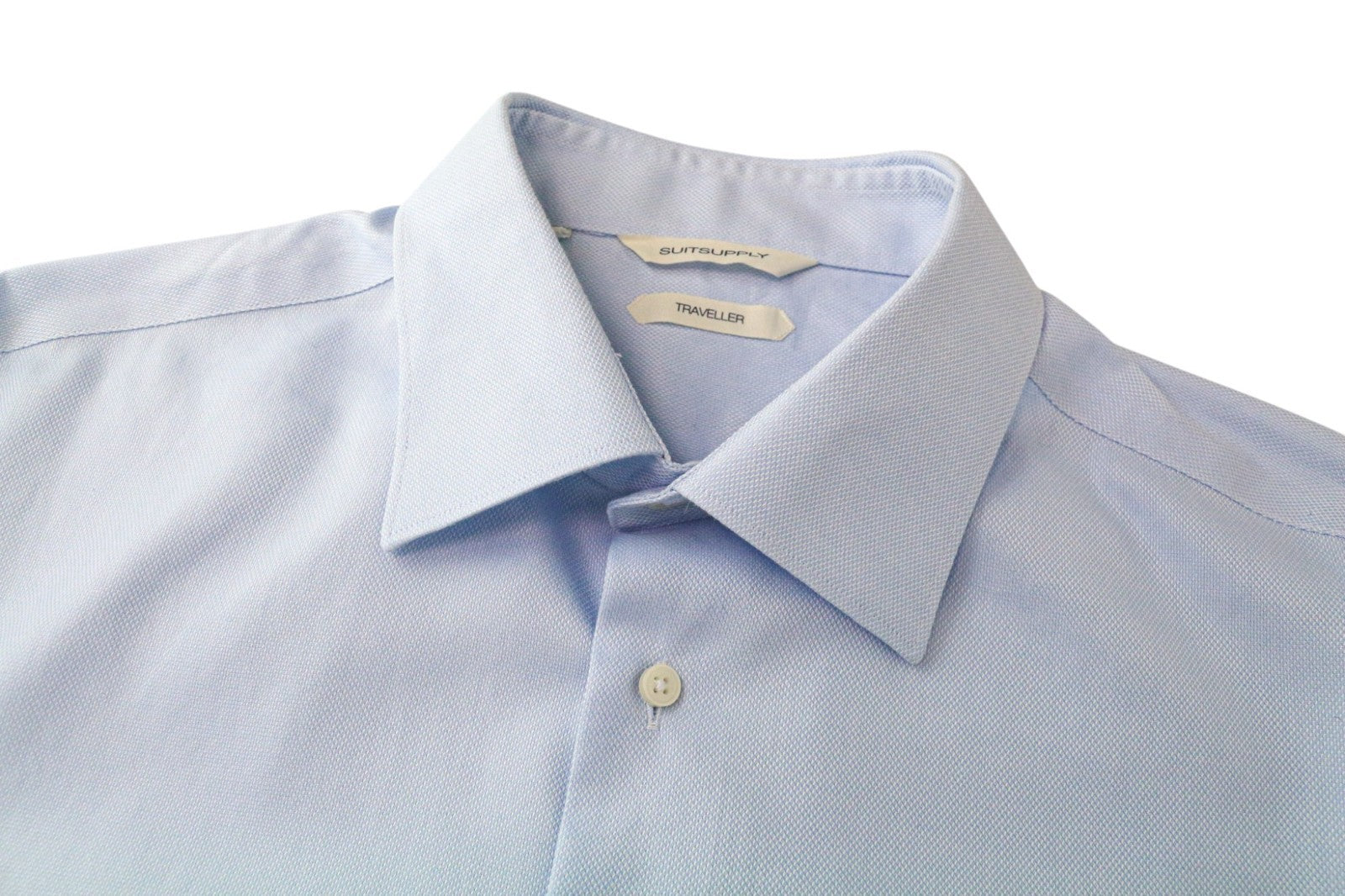 SUITSUPPLY Traveler vyriški oficialūs marškinėliai 42/16.5 ploni mėlyni melanžai grynos medvilnės 