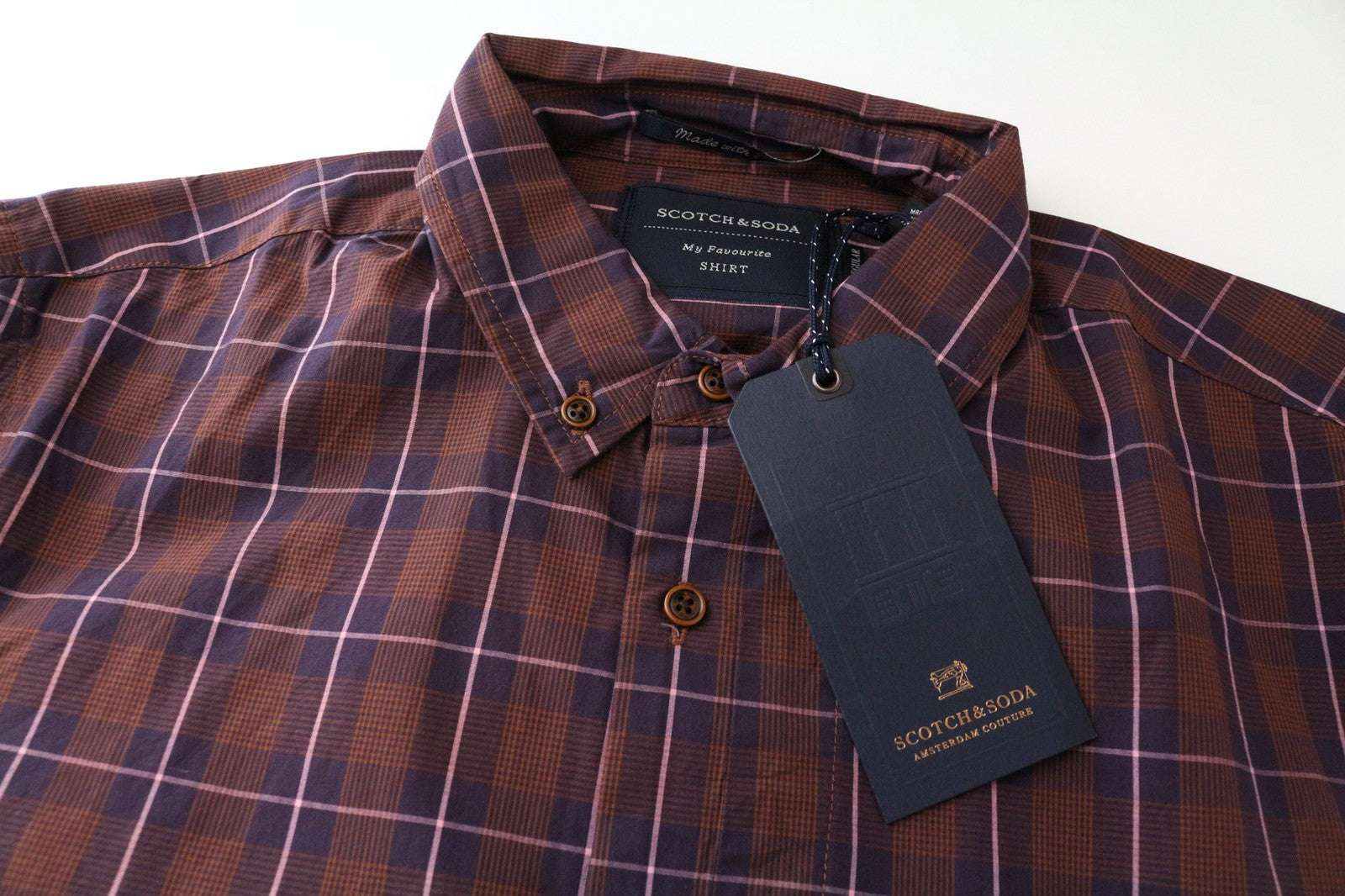 SCOTCH & SODA Men's Shirt S Burgundy Cotton Casual Smart Check Button-Down Style