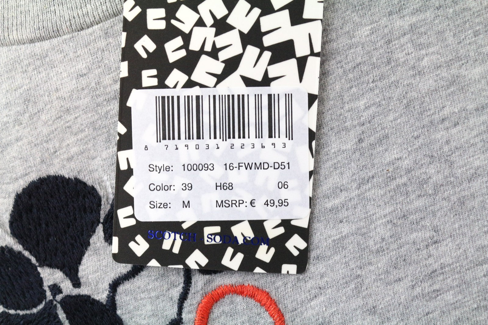 SCOTCH &amp; SODA vyriški marškinėliai M pilki melanžo spalvos apvalios apykaklės raštu, siuvinėti džersio medvilniniai marškinėliai 