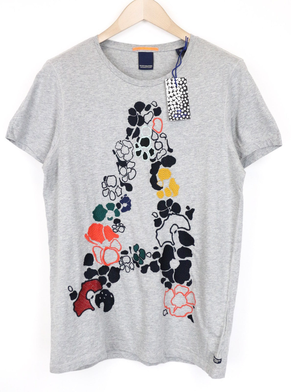 SCOTCH &amp; SODA vyriški marškinėliai M pilki marškinėliai su apvalia kaklo iškirpte, logotipu ir siuvinėtu džersio raštu 