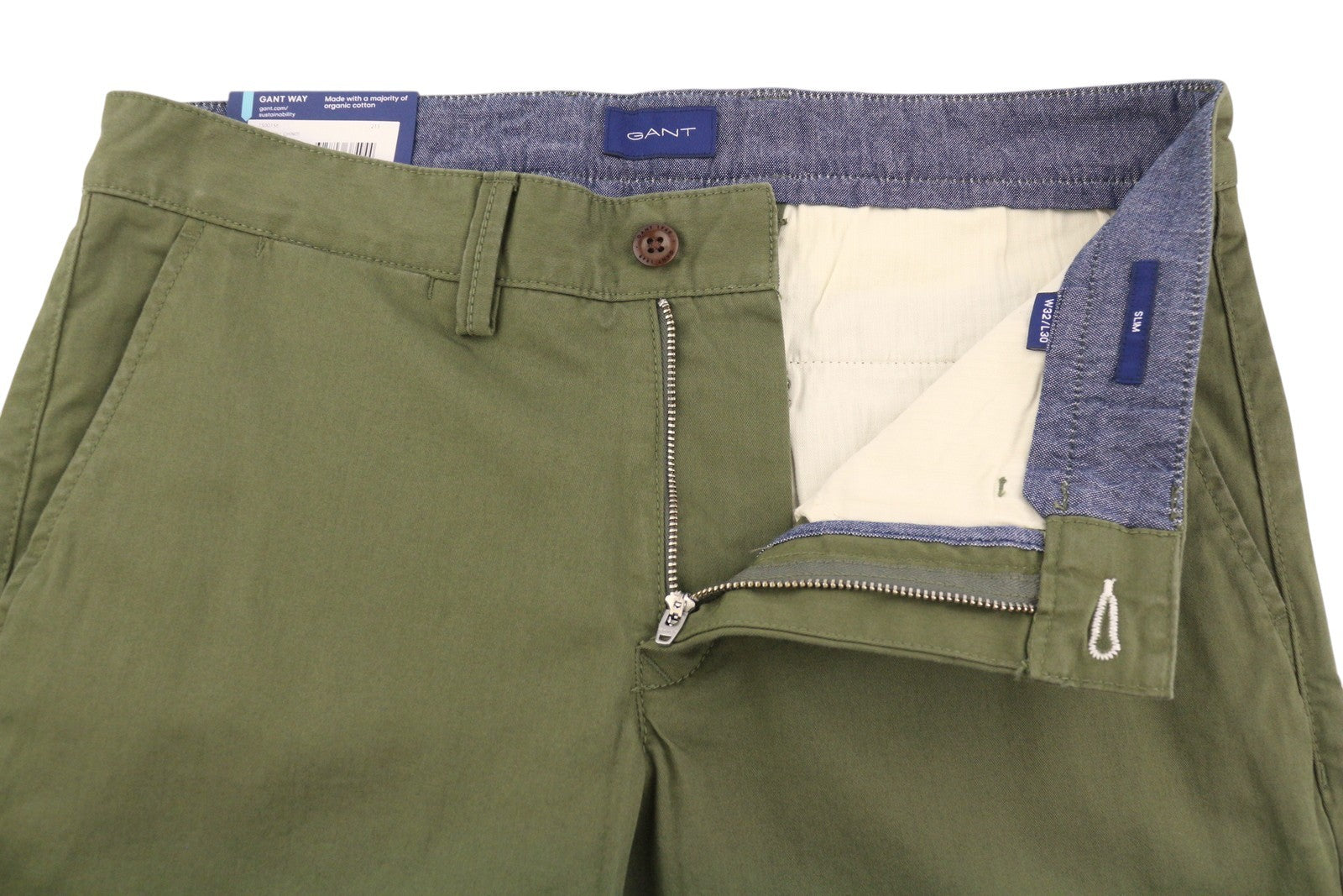 GANT Slim Twill Chinos Men Trousers W32/L30 Racing Green Zip