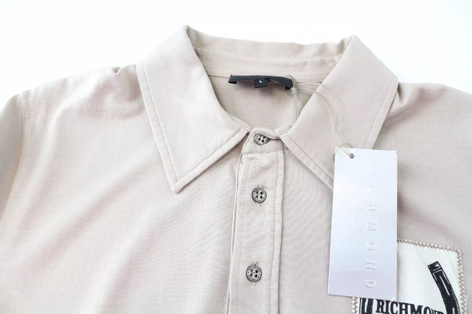 RICHMOND  Men T-Shirt L Light Grey Pure Cotton Short Sleeved Logo Polo