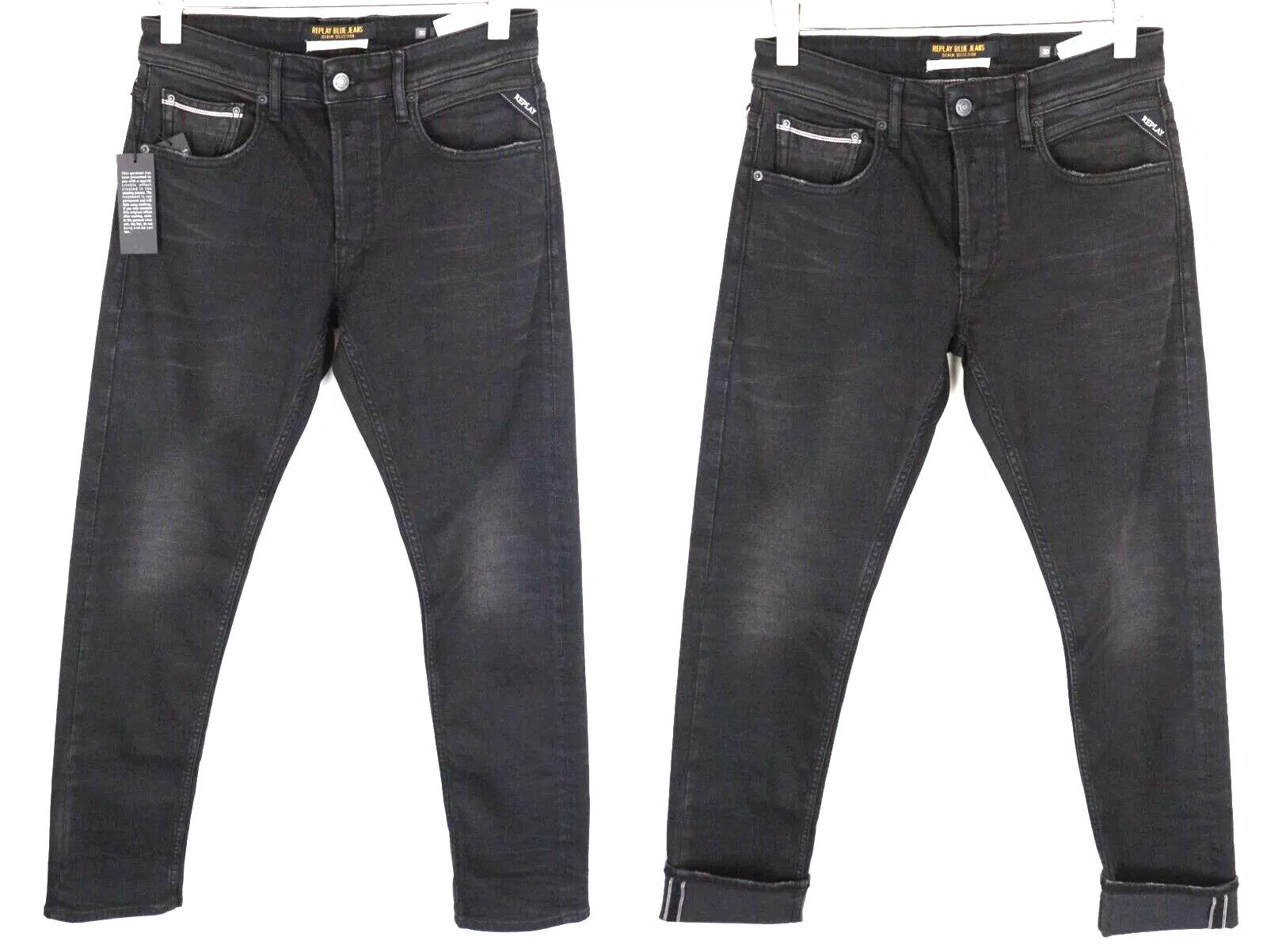 REPLAY Grover Men Jeans W30/L32 Black Straight Fit Denim Cotton Stretch Selvedge