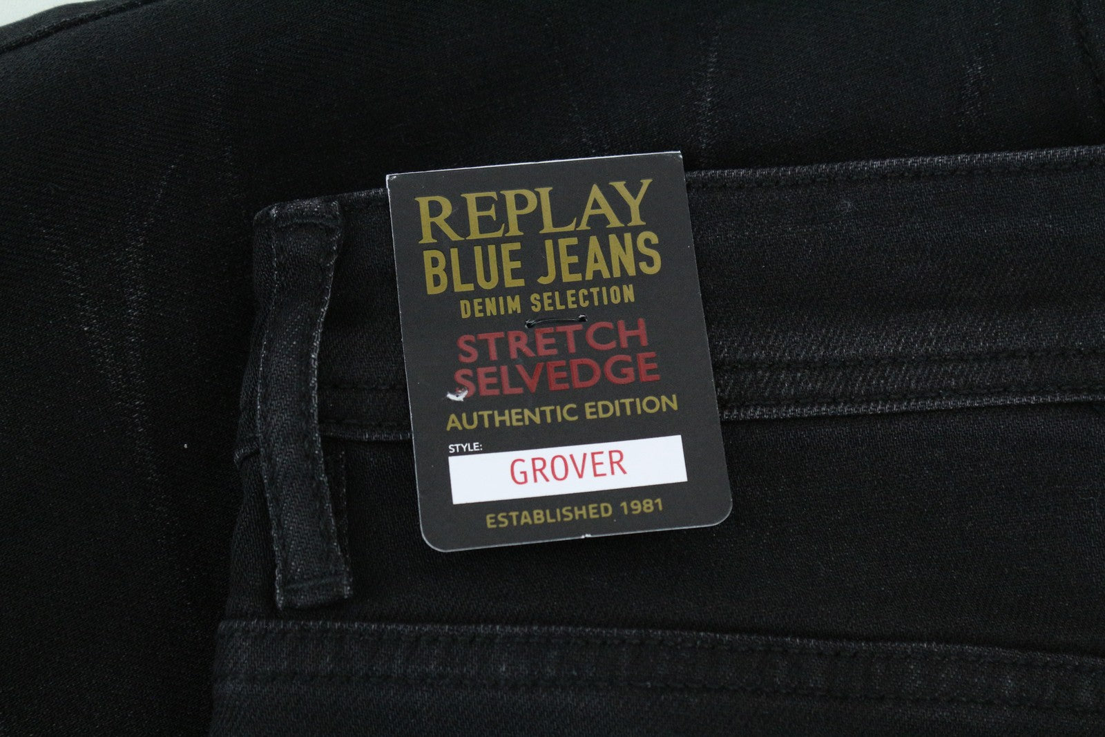 REPLAY Grover Men Jeans W29/L34 Black Cotton Stretch Straight Wash Selvedge