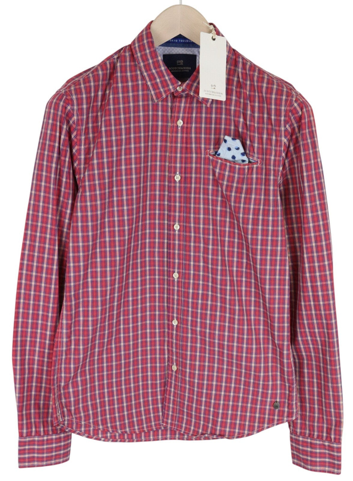 SCOTCH & SODA Ams Couture Men Shirt S Red Pure Cotton Checked Long Sleeved