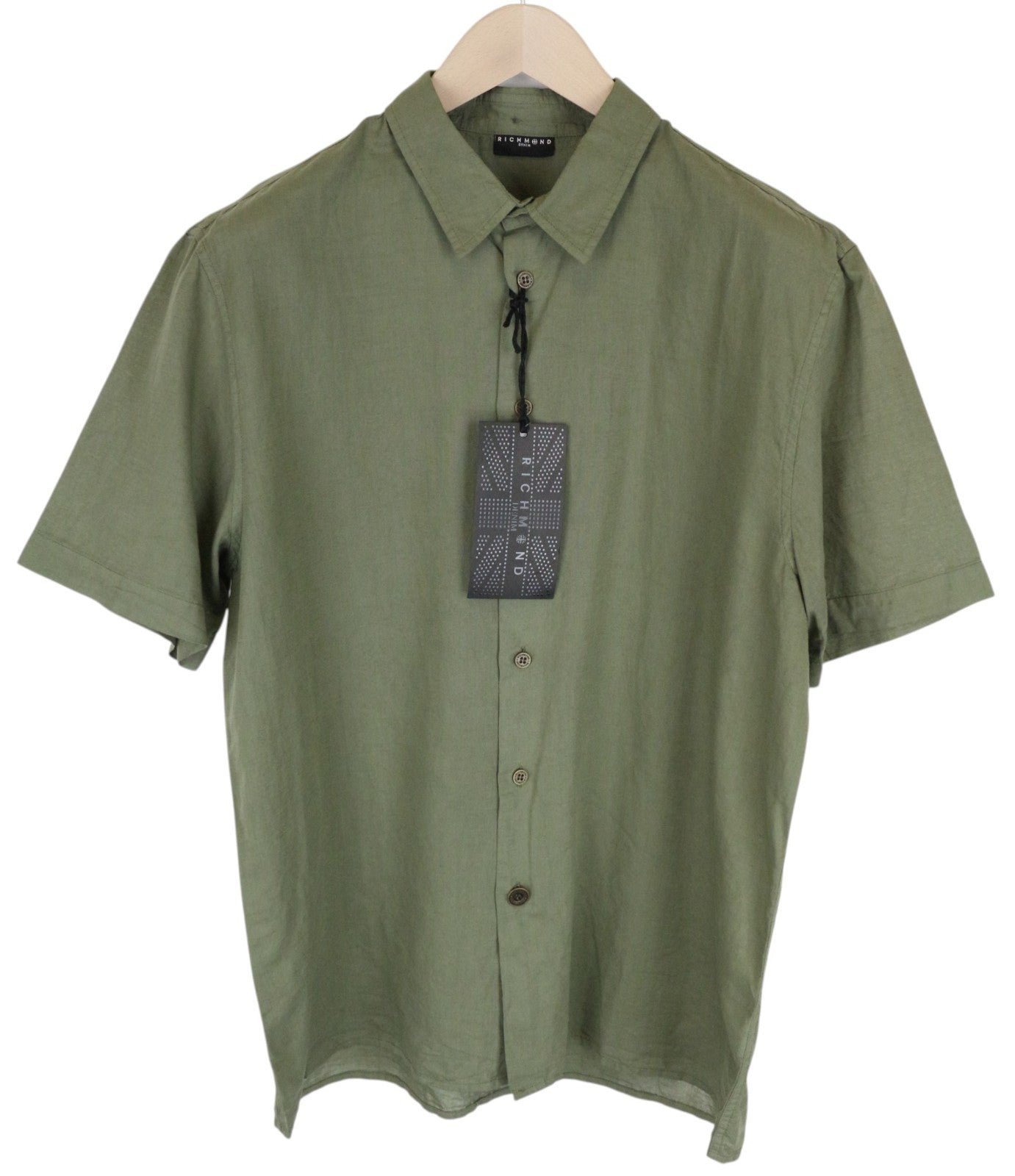 RICHMOND  Men Shirt 2XL Green Cotton Linen Short Sleeved Back Logo Button-Up