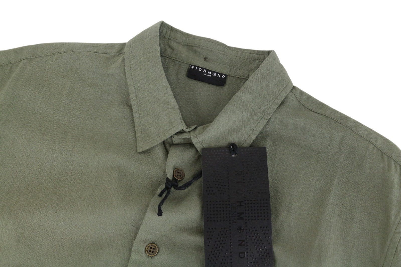 RICHMOND  Men Shirt 2XL Green Cotton Linen Short Sleeved Back Logo Button-Up