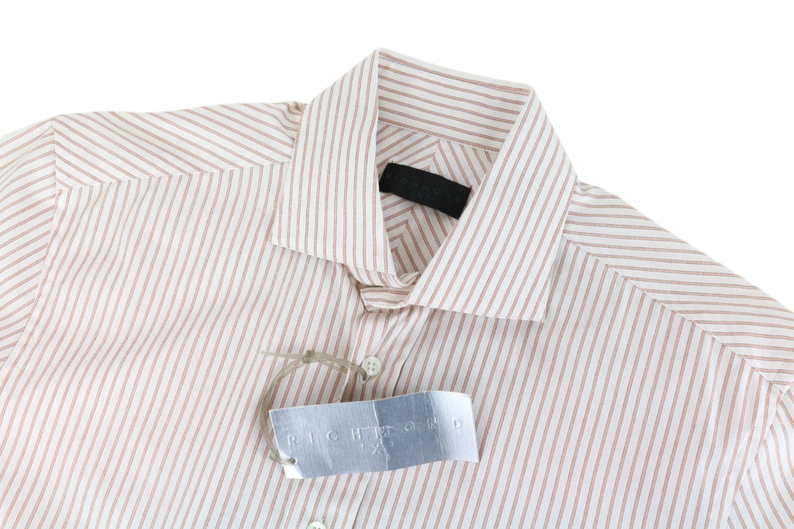 RICHMOND  Men Shirt 48 White Pure Cotton Striped Short Sleeved Button-Up
