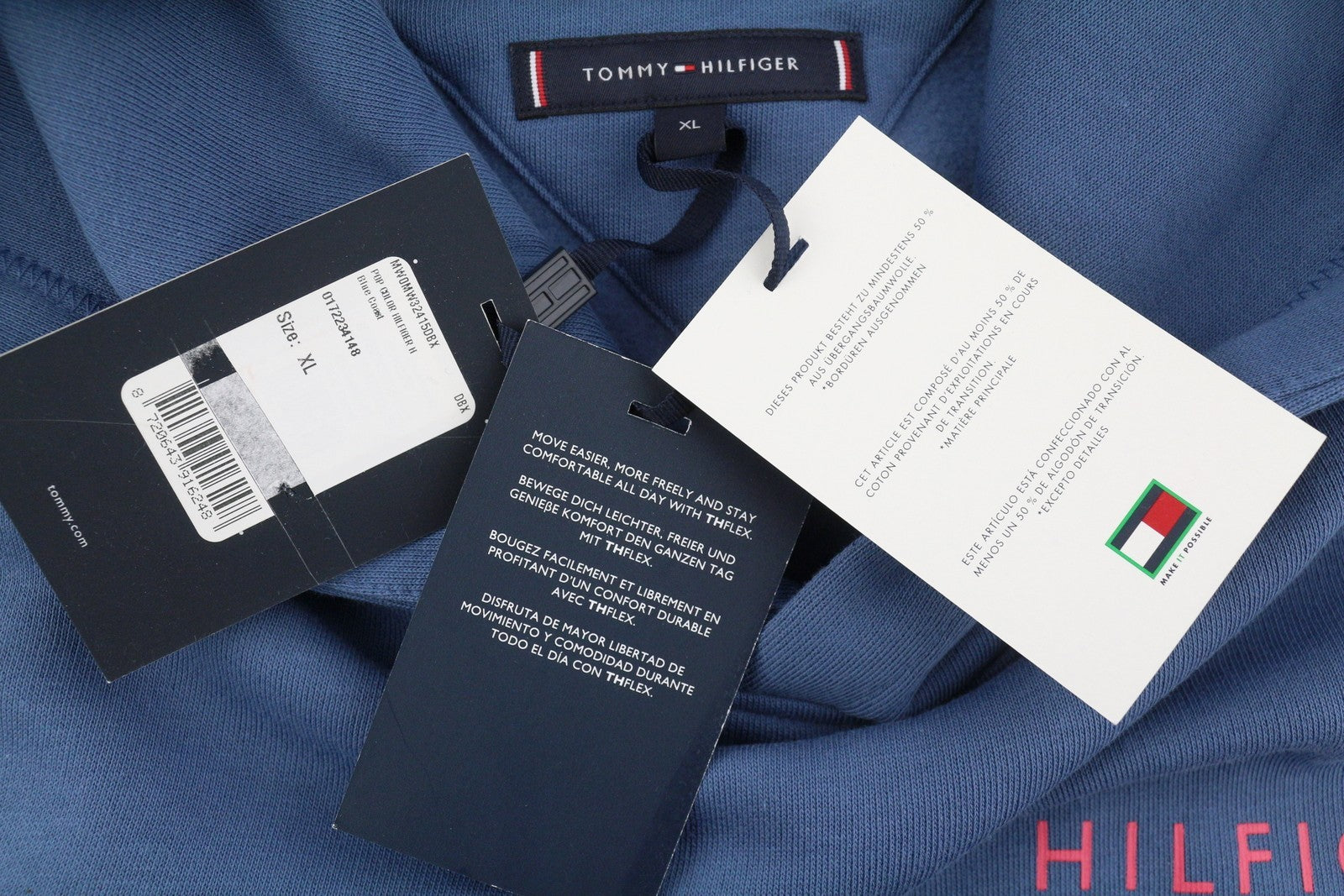 TOMMY HILFIGER Men Hoodie XL Blue Kangaroo Logo Pull On