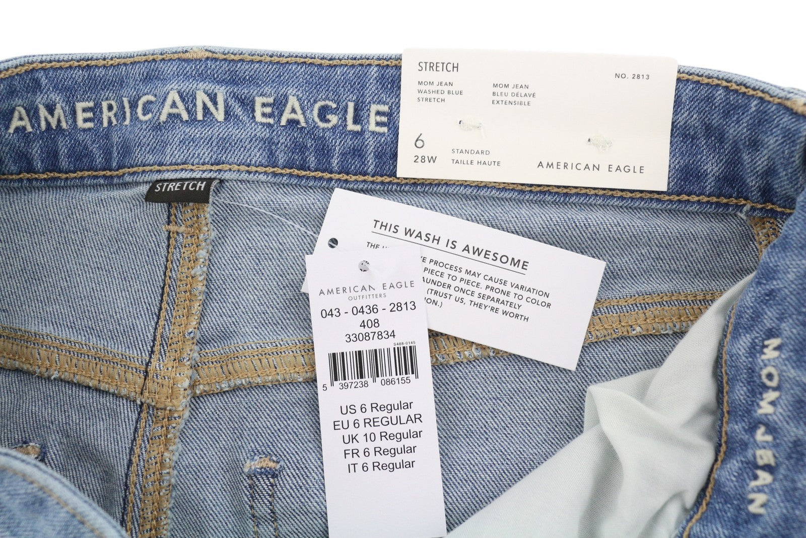 AMERICAN EAGLE OUTFITTERS Mom Washed Blue Stretch Women Jeans W28 Whiskers