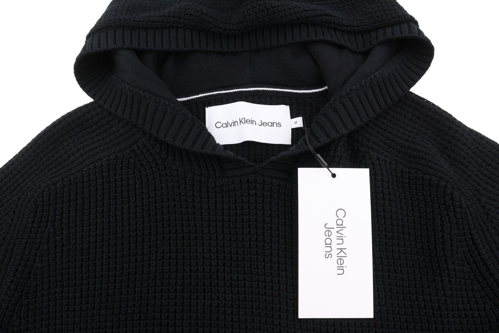 CALVIN KLEIN Men Jumper M Black Hooded Knit Logo