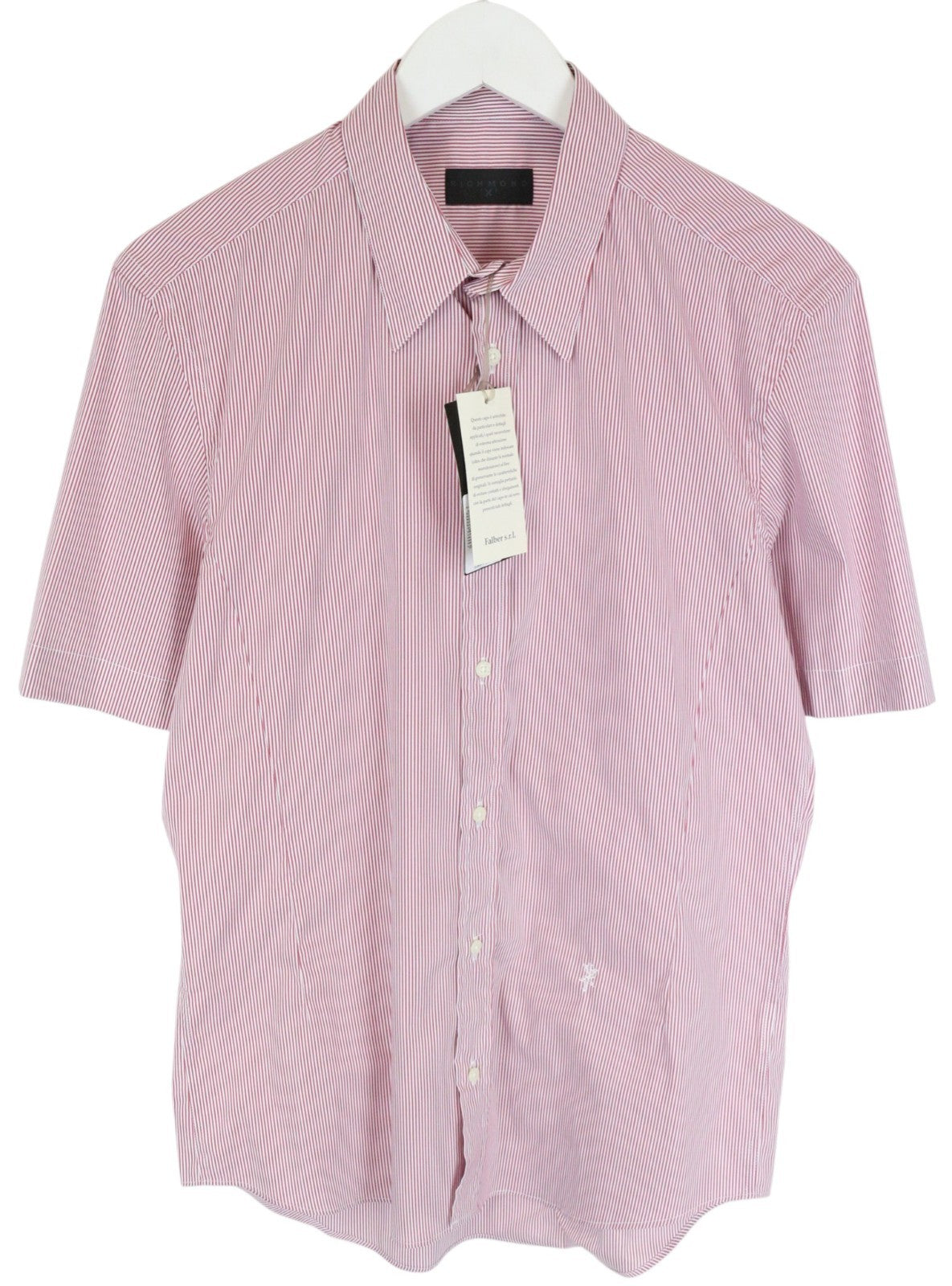 RICHMOND  Men Shirt 48 Red Cotton Blend Stretch Striped Short Sleeve Button-Up