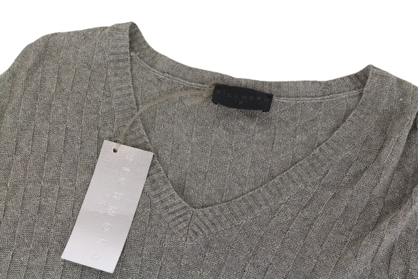 RICHMOND  Men Sweatshirt 50 Grey Linen Blend V-Neck Long Sleeved Pull On