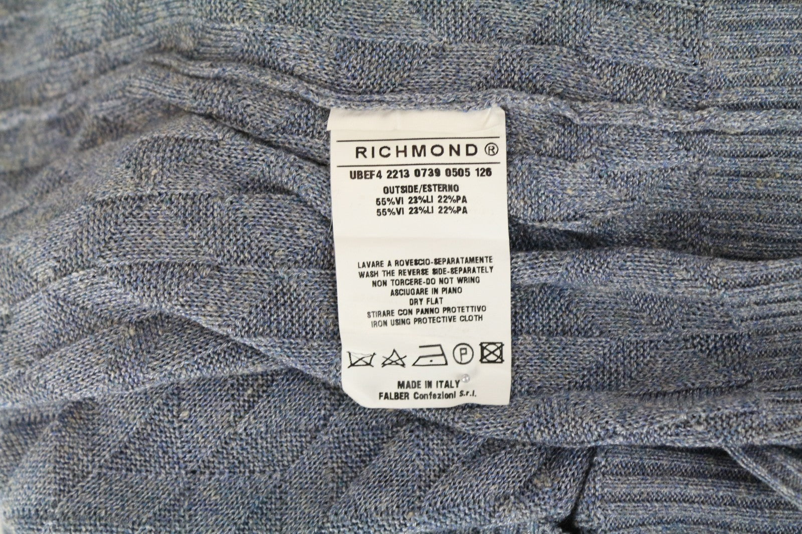 RICHMOND  Men Sweatshirt 50 Blue Linen Blend V-Neck Long Sleeved Pull On