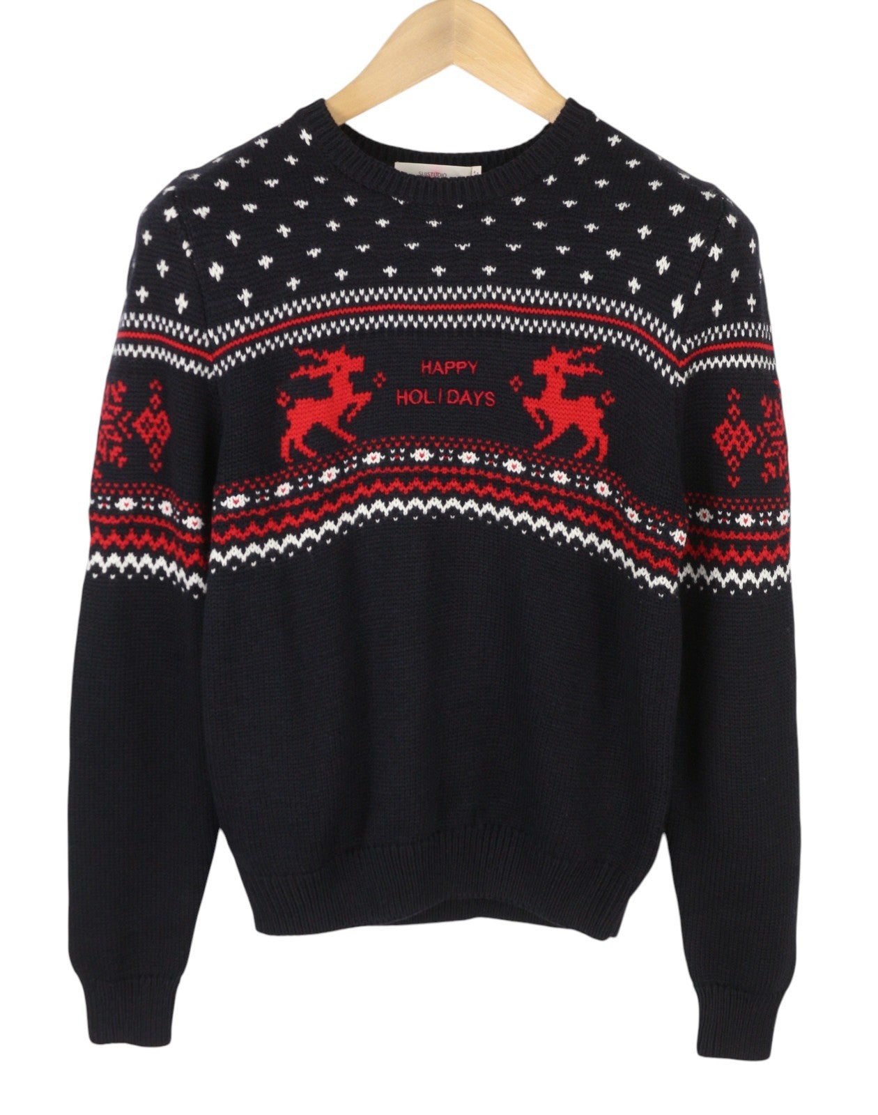 SUISTUDIO Women Jumper M Dark Blue Wool Blend Happy Holidays Pattern Pull On