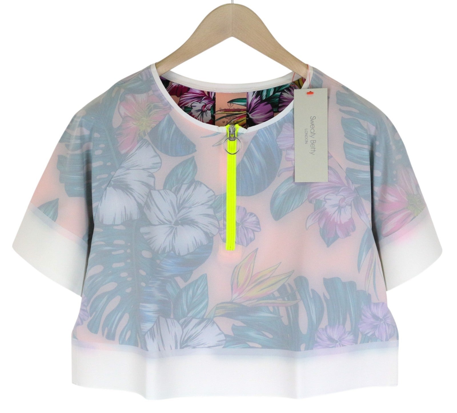 SWEATY BETTY Tournament Tennis Women T-Shirt S Off White Cropped Patterned