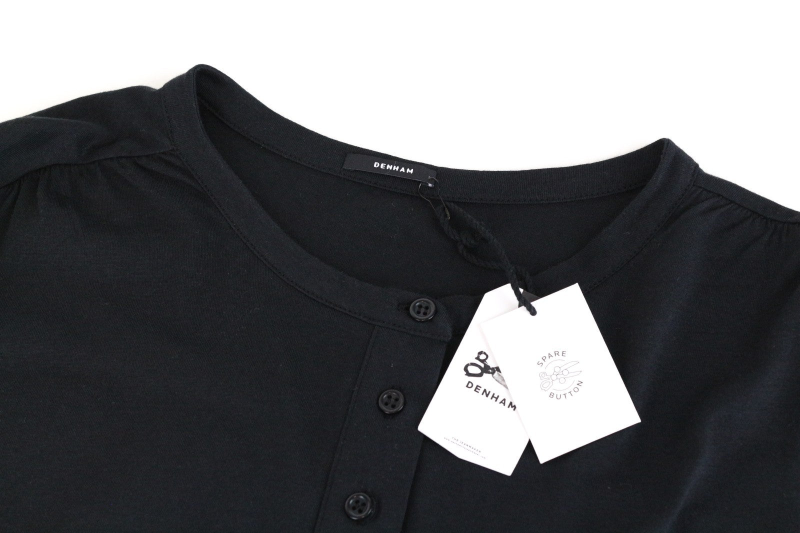 DENHAM Baldwin Women T-Shirt XS Black Cotton Blend Long Sleeved Half-Button
