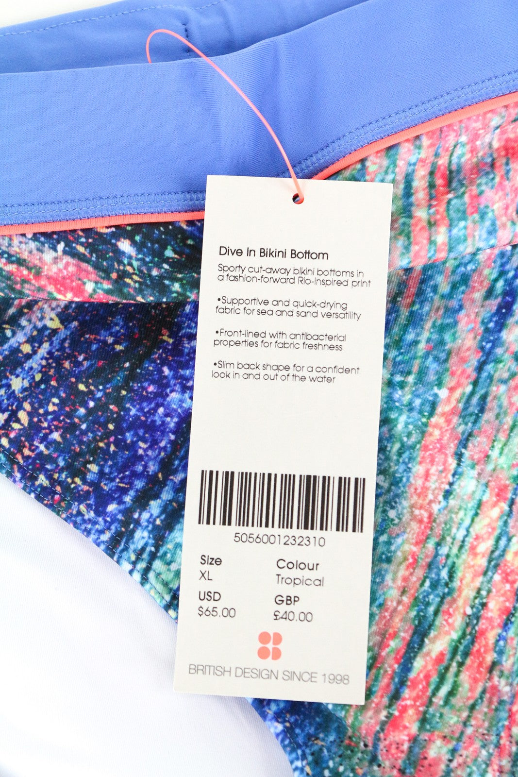 SWEATY BETTY Dive In Women Swimwear XL Blue Printed Slim Shape Bikini Bottom