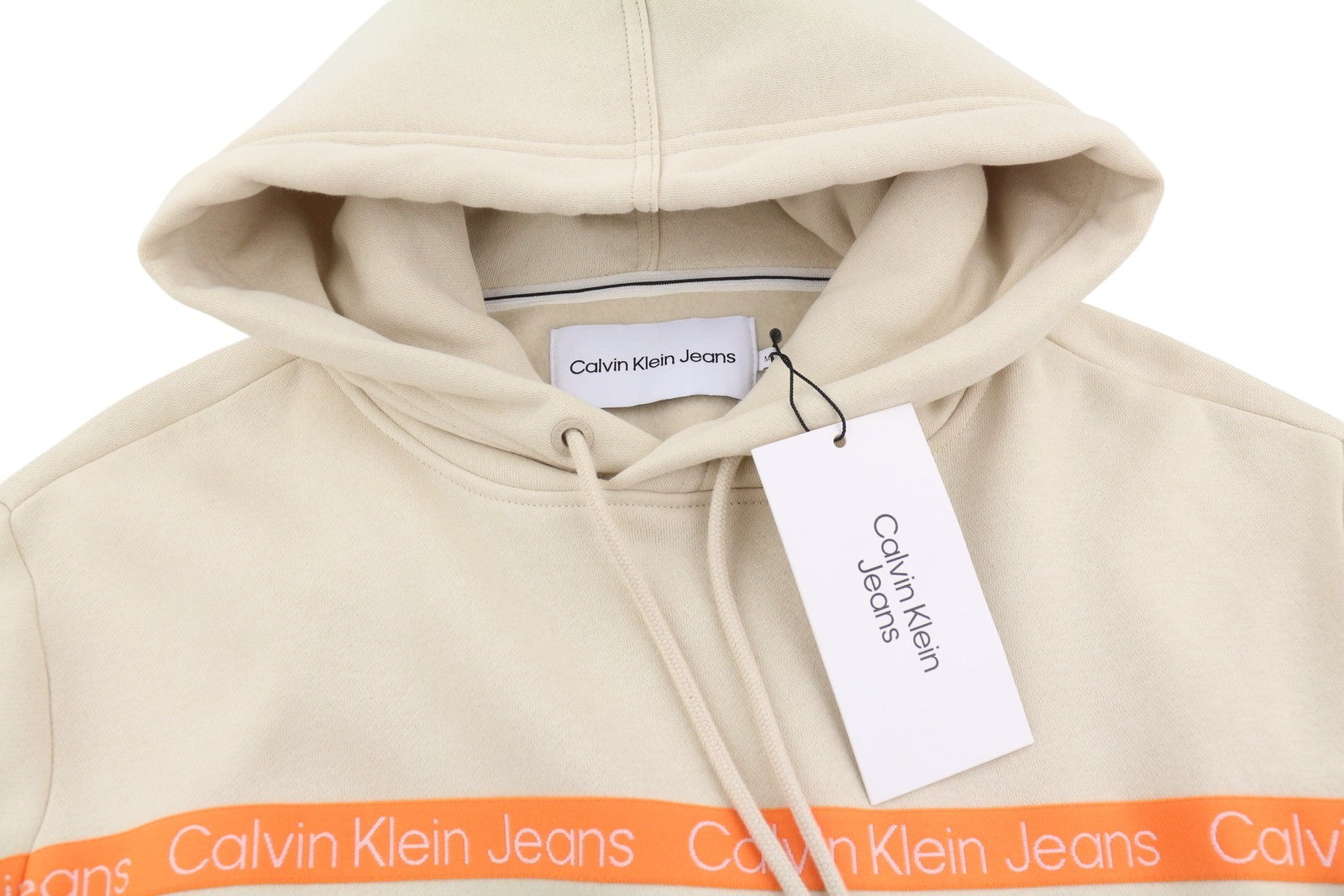 CALVIN KLEIN Men Hoodie M Beige Classic Logo Kangaroo Pocket Hooded Pull On