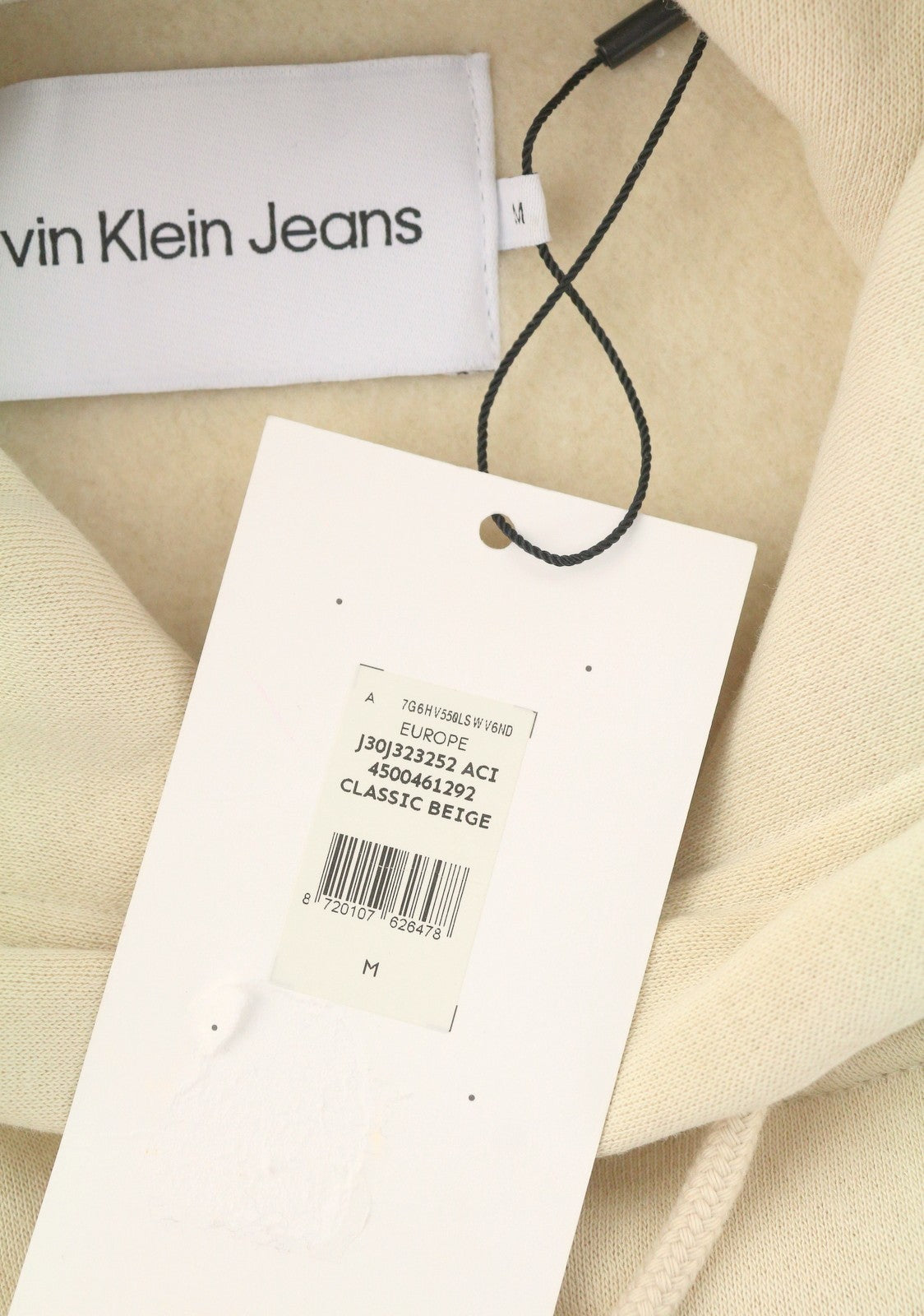 CALVIN KLEIN Men Hoodie M Beige Classic Logo Kangaroo Pocket Hooded Pull On