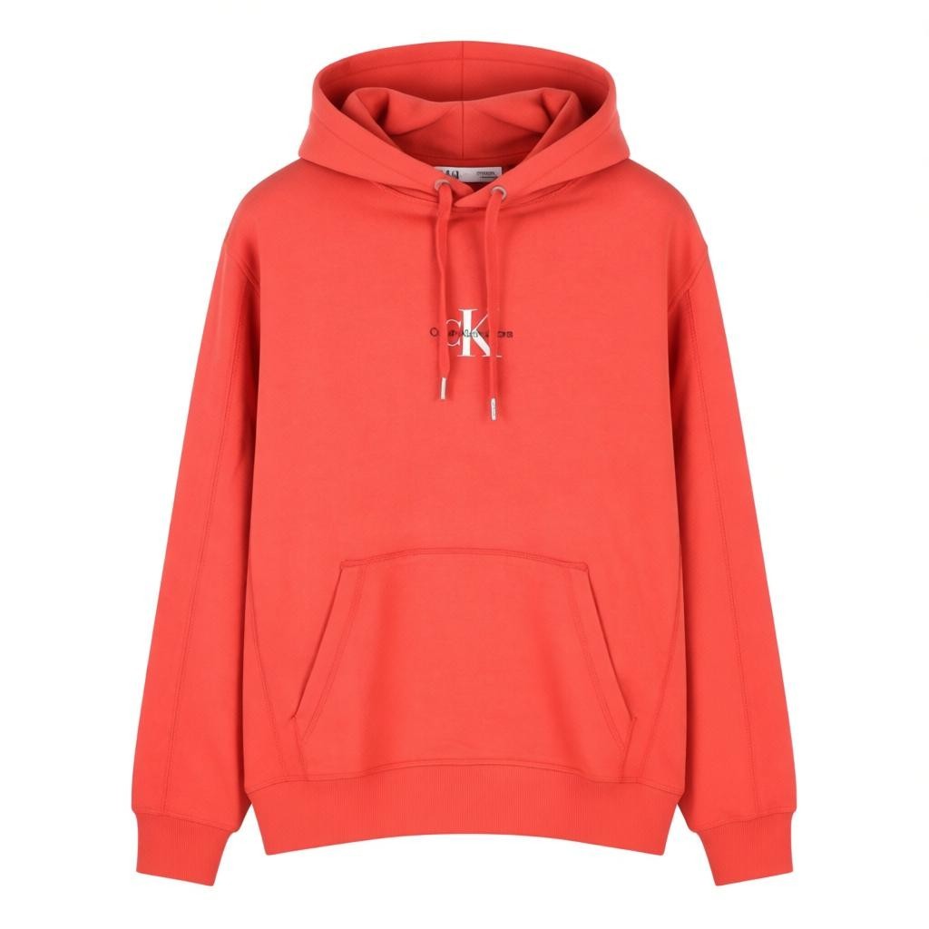 CALVIN KLEIN Men Hoodie L Rhubarb Red Cotton Kangaroo Pocket Logo Pull On