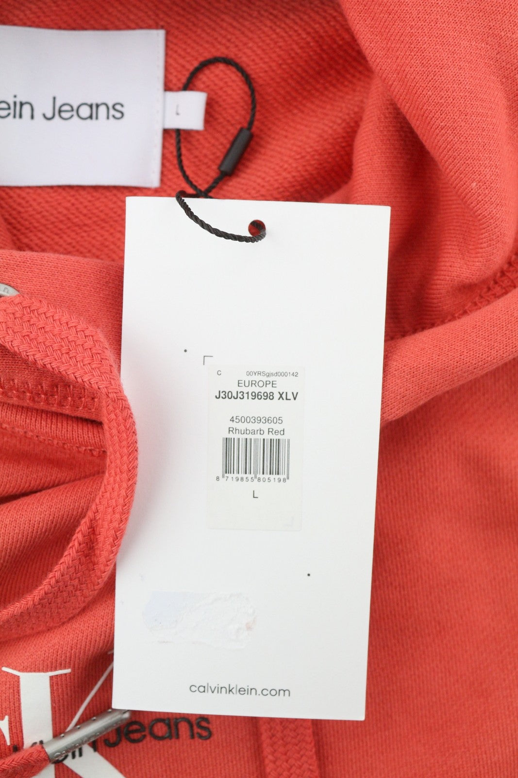 CALVIN KLEIN Men Hoodie L Rhubarb Red Cotton Kangaroo Pocket Logo Pull On