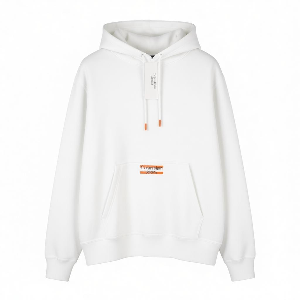 CALVIN KLEIN Men Hoodie XL Bright White Logo Kangaroo Pocket Hooded Pull On