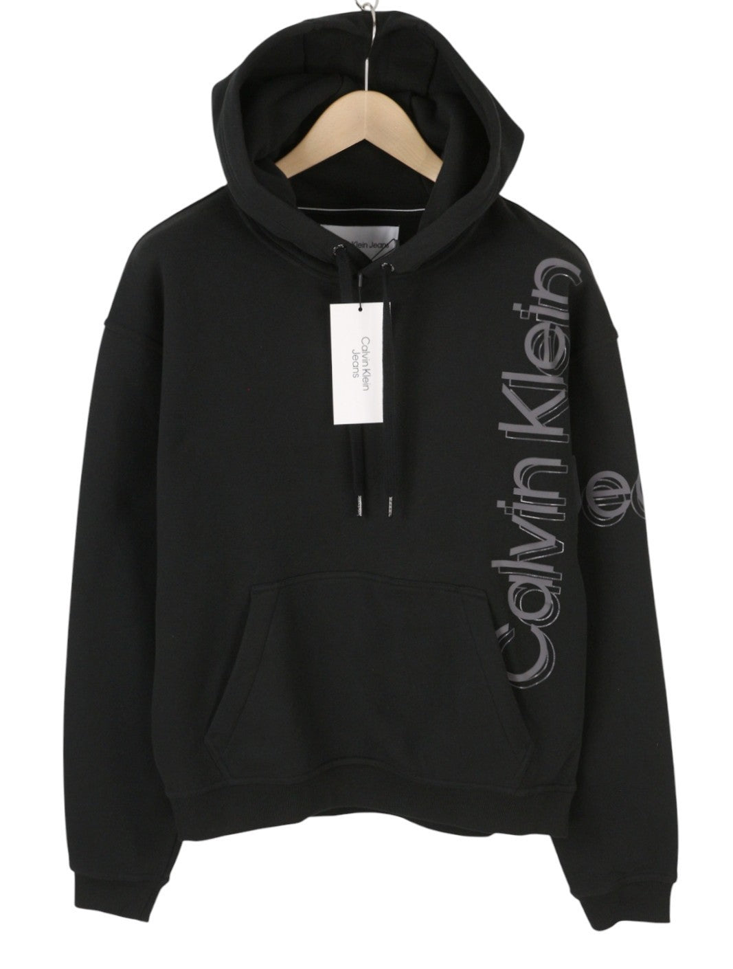 CALVIN KLEIN Men Hoodie L Black Loose Oversized Kangaroo Pocket Hooded Pull On