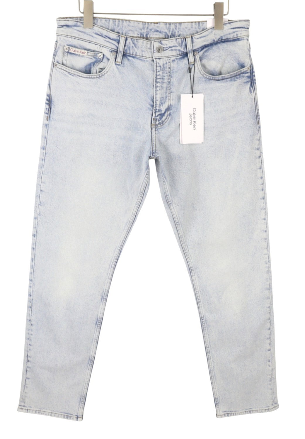 CALVIN KLEIN Slim Straight Men Jeans W34/L32 Blue Faded Whiskers Denim Zip Fly