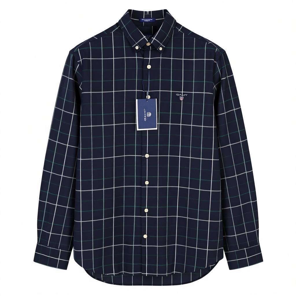 GANT Tech Prep Oxford Check Men Shirt M Navy Button-Down Neck Casual Shirt