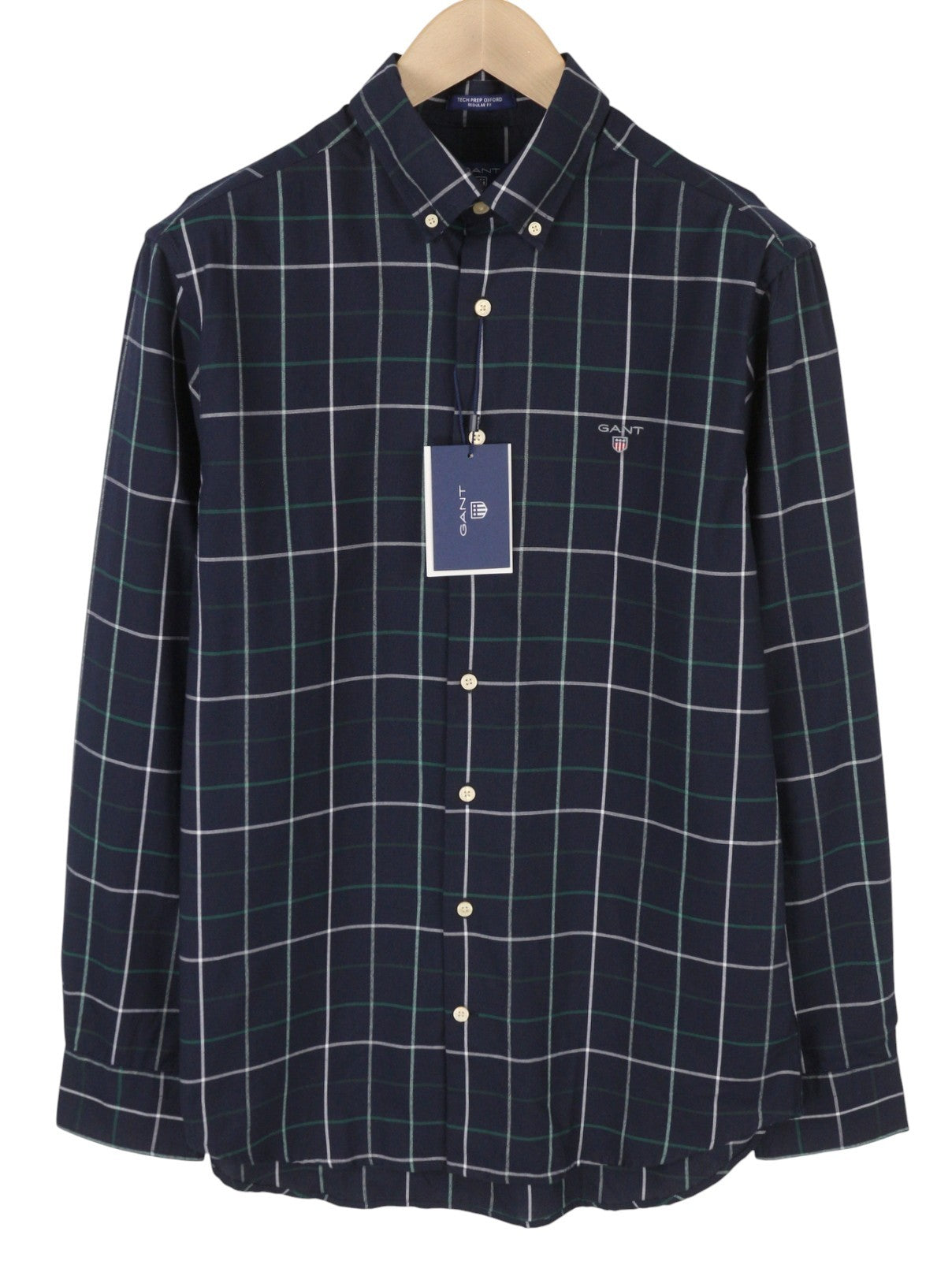 GANT Tech Prep Oxford Check Men Shirt M Navy Button-Down Neck Casual Shirt
