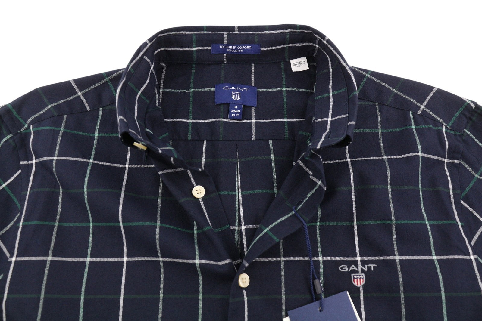 GANT Tech Prep Oxford Check Men Shirt M Navy Button-Down Neck Casual Shirt