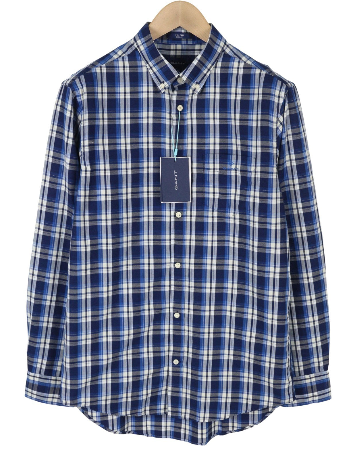 GANT Tech Prep Oxford Check Men Shirt M Blue Button-Down Neck Casual Shirt