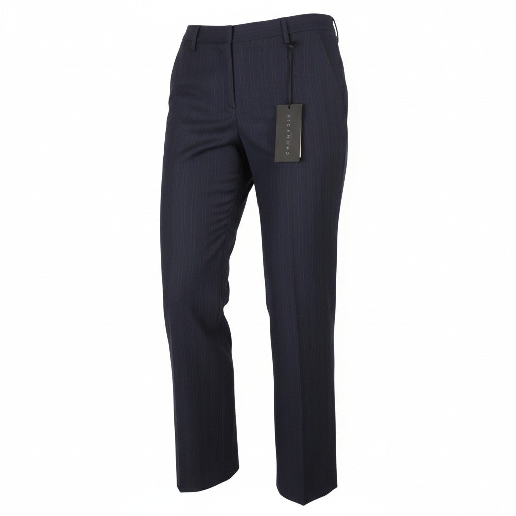 JOHN RICHMOND Women Trousers EU44 / W33 Dark Blue Pinstriped Wool Flared Fit