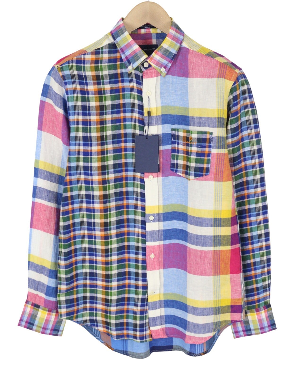 GANT Mixed Panel Linen Madras Men Shirt S Colourful Button-Down Casual Shirt