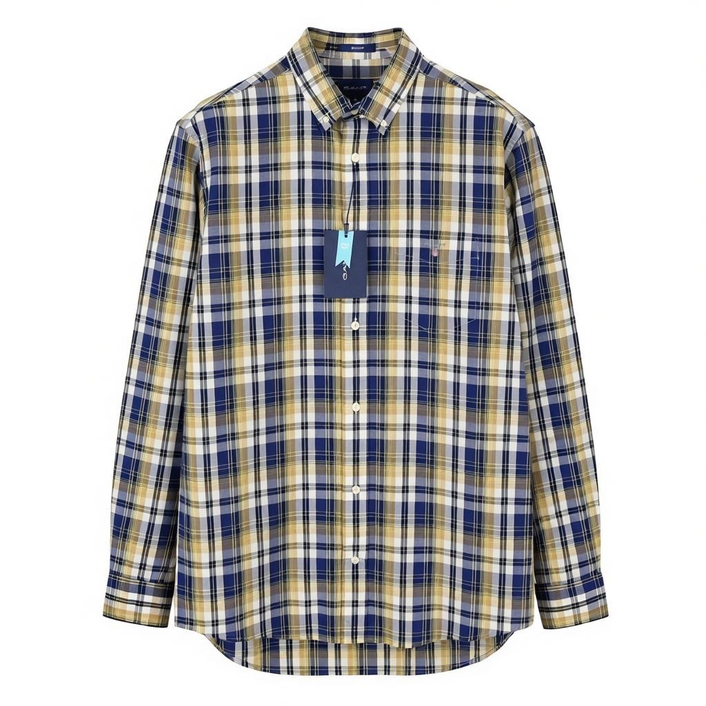 GANT Reg Washed Poplin Check Men Shirt L Hazelwood Beige Button-Down Shirt