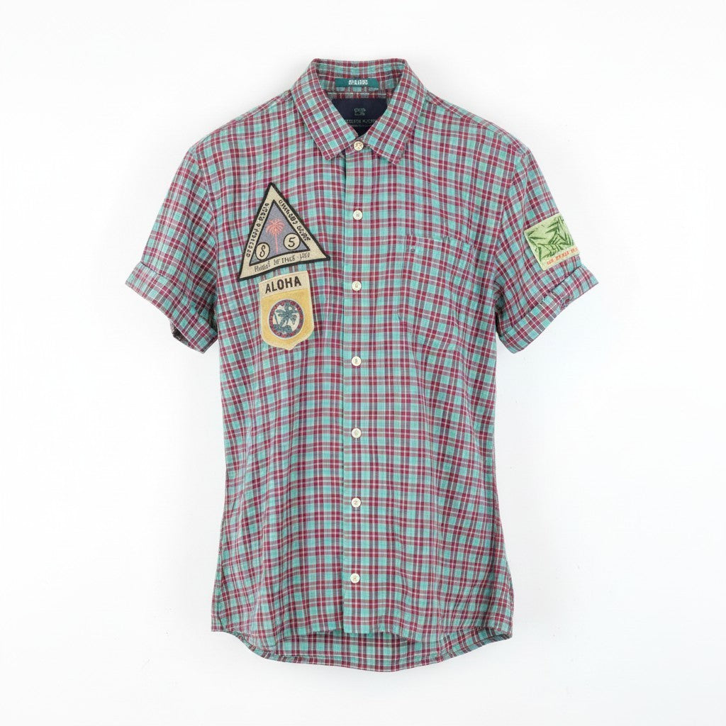 SCOTCH & SODA Ams Couture Men Shirt S Green Checked Short Sleeve Cotton Linen