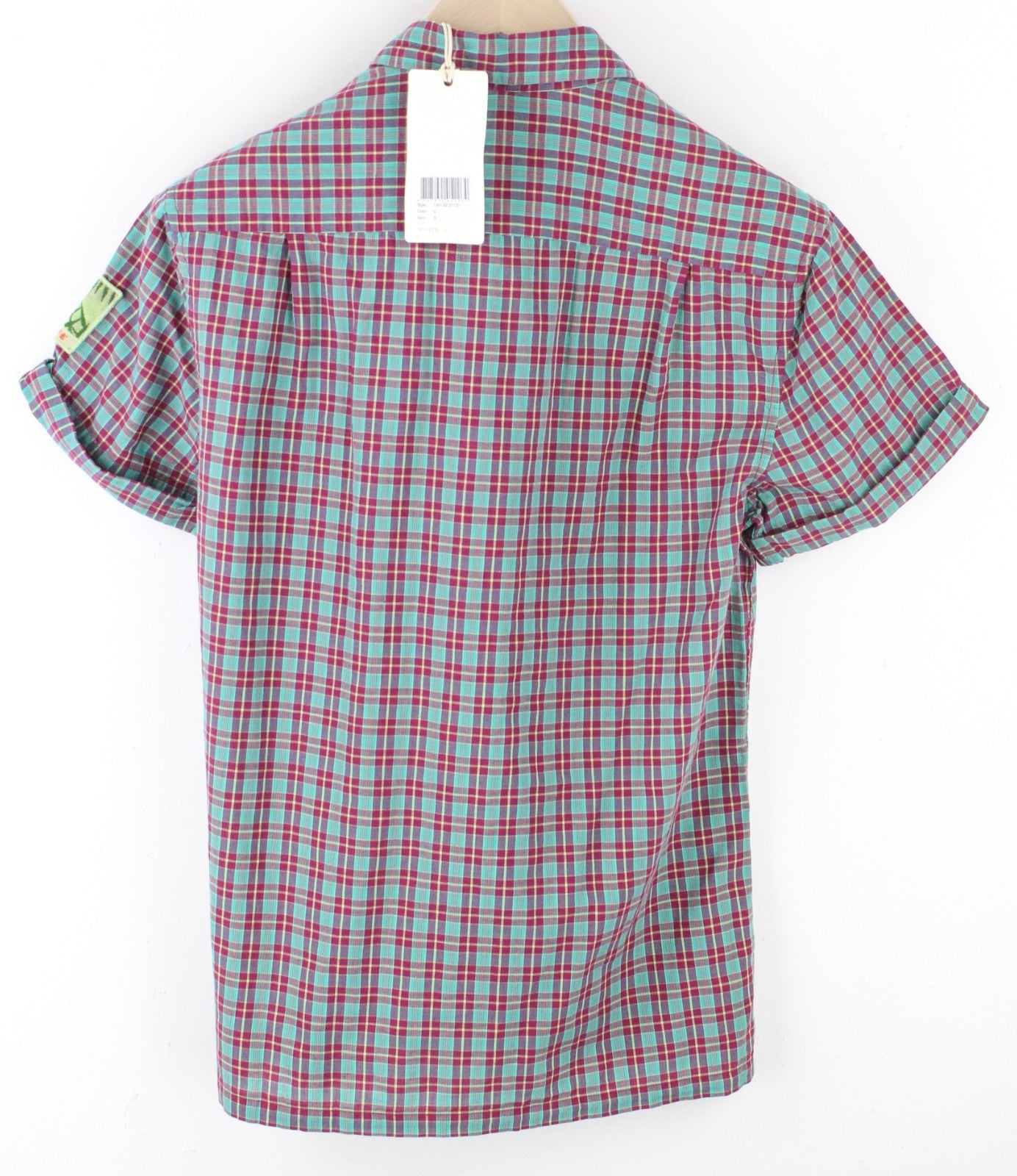 SCOTCH & SODA Ams Couture Men Shirt S Green Checked Short Sleeve Cotton Linen